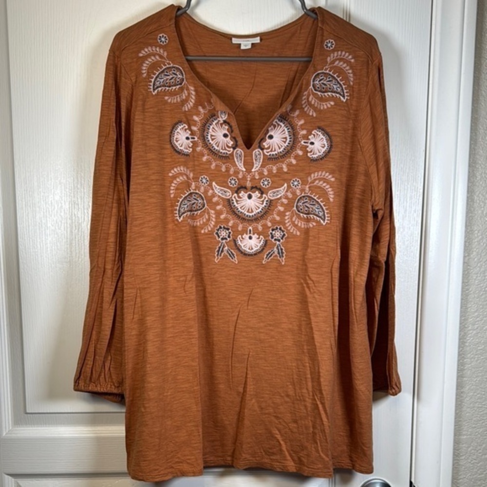 J Jill Burnt Orange Long Sleeve Embroidered V-Neck Blouse Size XL EUC #5623